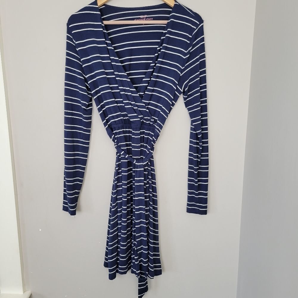 Vineyard Vines Navy White Strip Faux Wrap Dress S